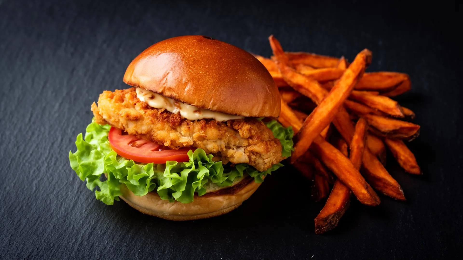 Crispy Chicken Deluxe Burger mit Süßkartoffel-Pommes
